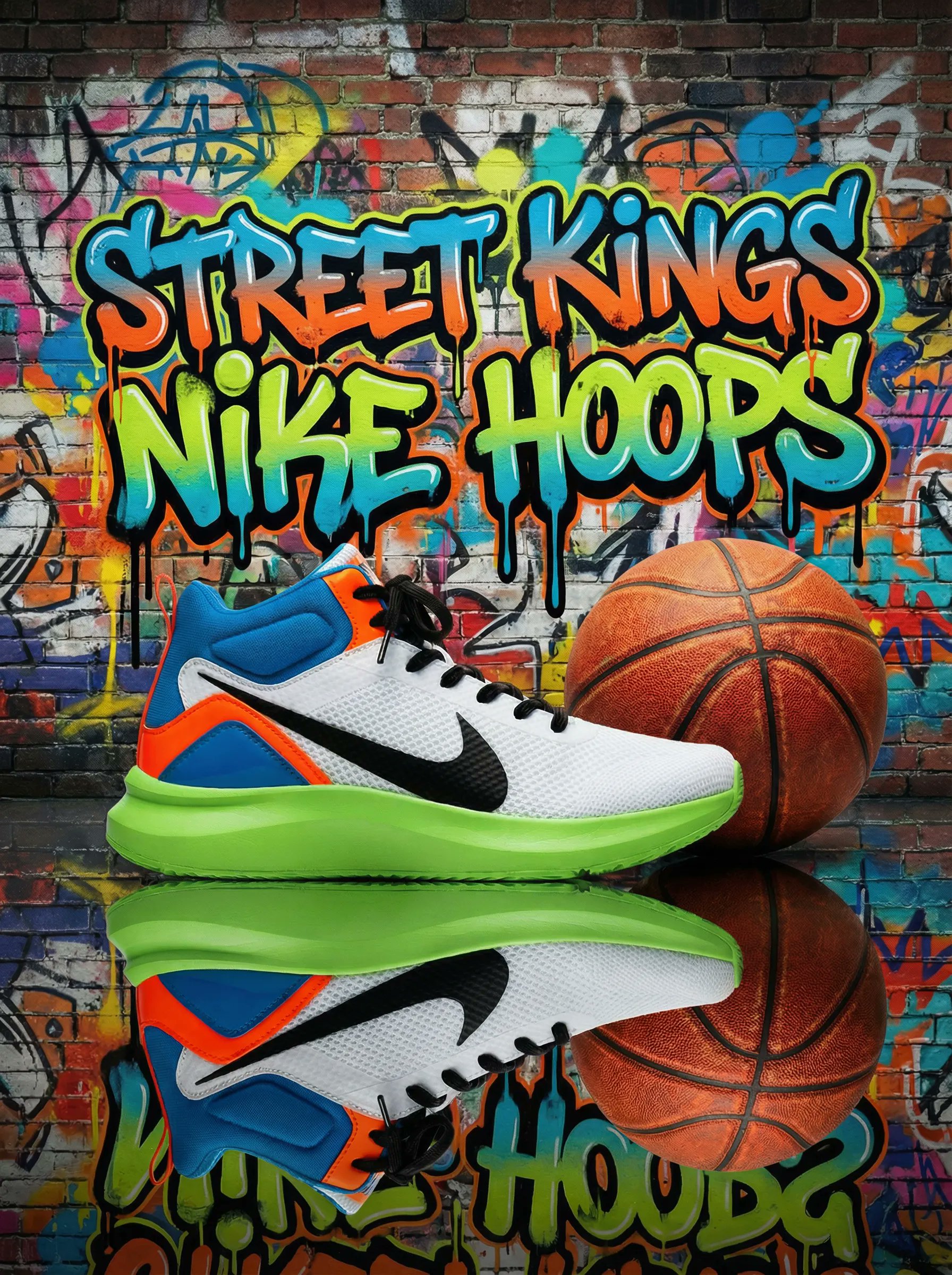 A Nike basketball shoe next to a basketball on a reflective surface, ba…