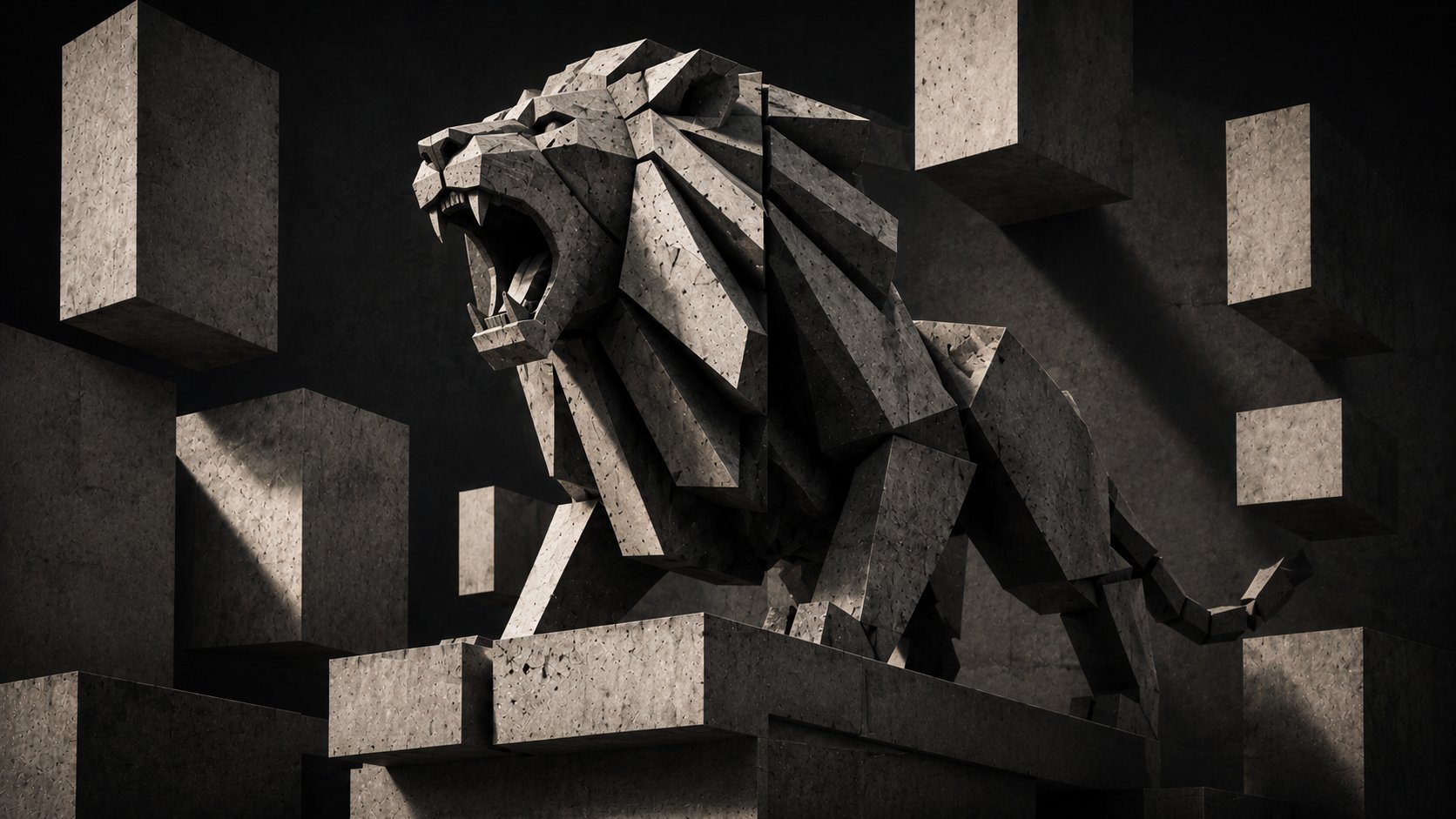 geometric concrete sculpture of a roaring lion, brutalist architecture …
