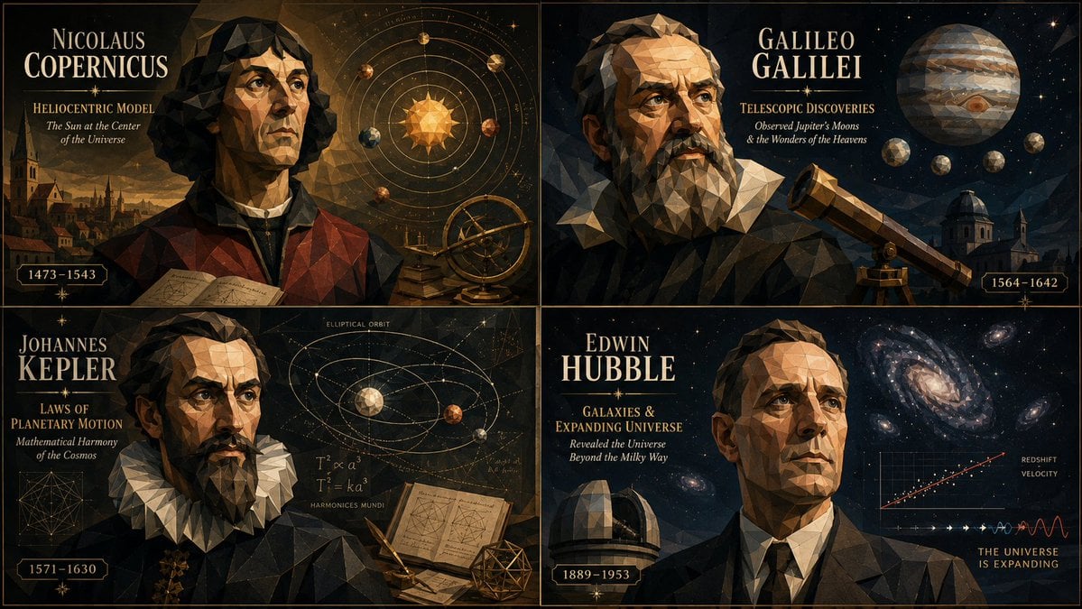 2x2 grid, do this for 4 famous astronomers and their contribution, 16:9…