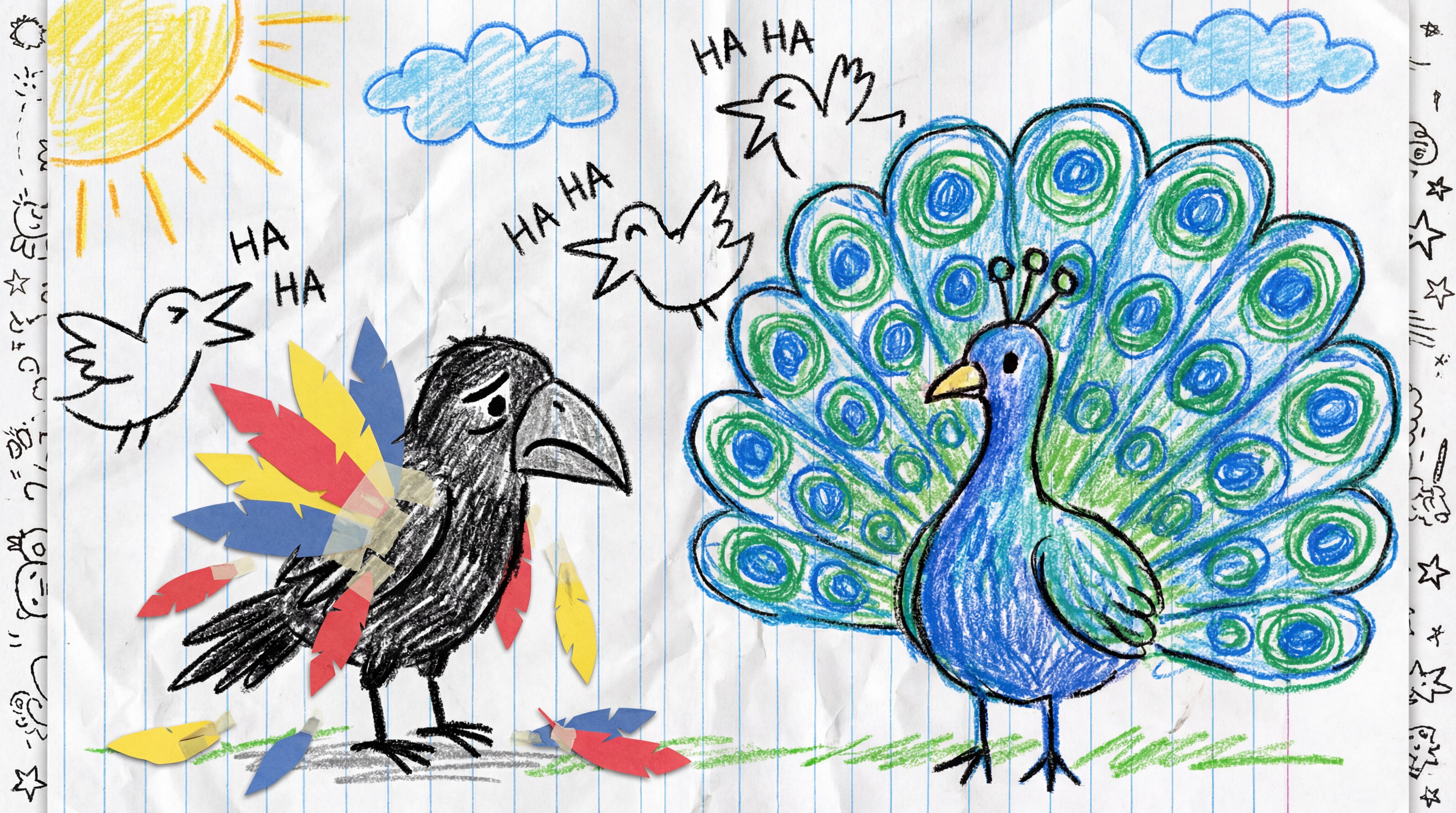 A child's crayon drawing on white lined notebook paper. [DESCRIBE YOUR …