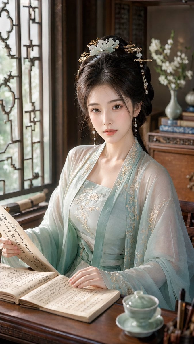 9:16 竖版，古风贵女明艳水光美妆特写，东方水光显妆贵女人像，半身近景构图，人物轻侧身回眸，从背部与肩部轻微转身看向镜头，回眸感明显。画面主…