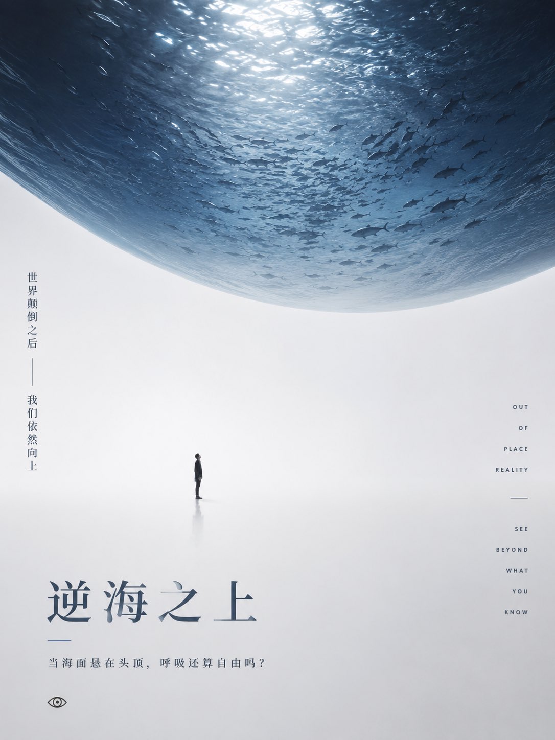 surreal conceptual poster, a lone figure standing on a minimalist white…