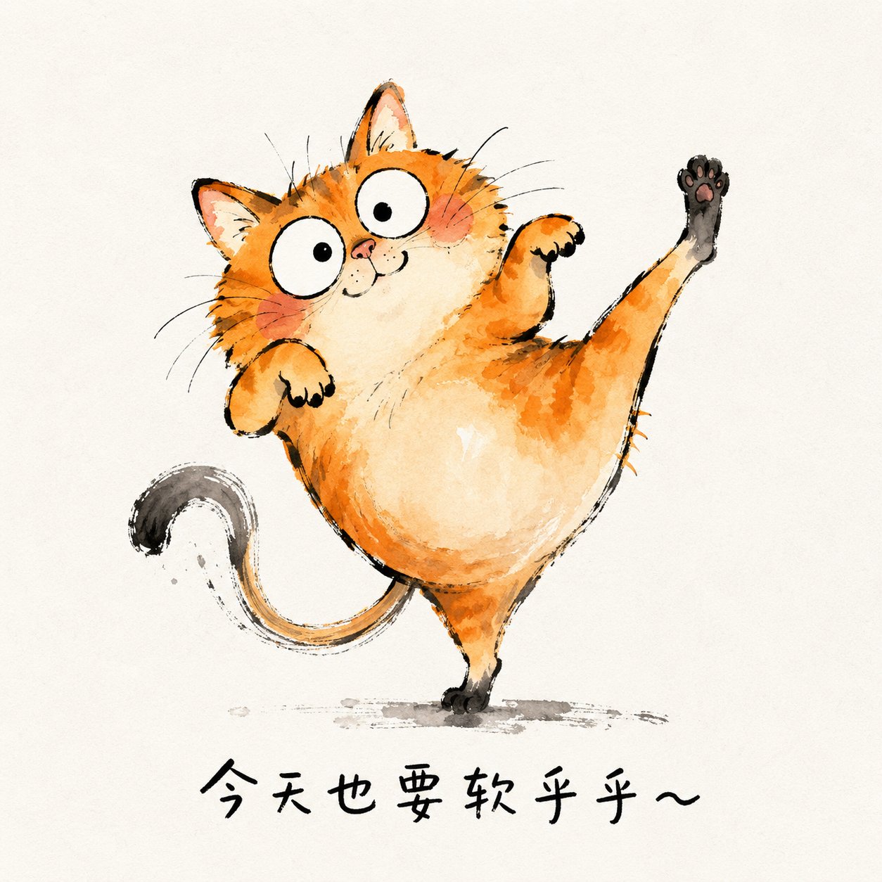 cute chubby orange tabby cat in a playful pose, watercolor and ink brus…