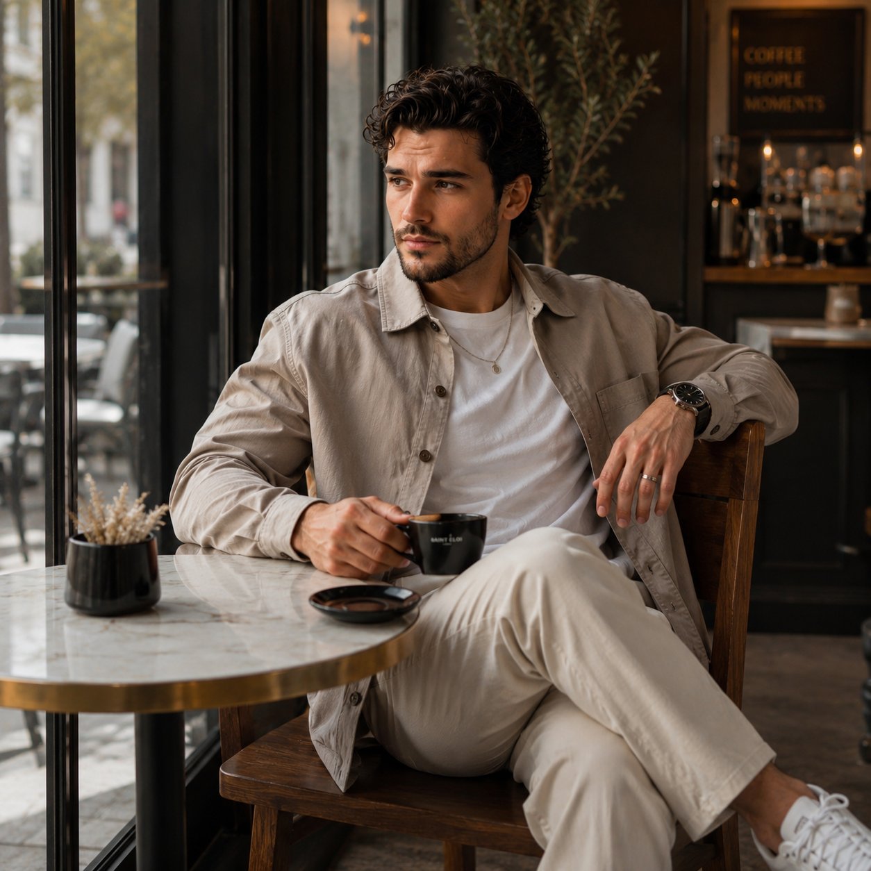 A high-quality lifestyle photograph of a handsome young Mediterranean m…