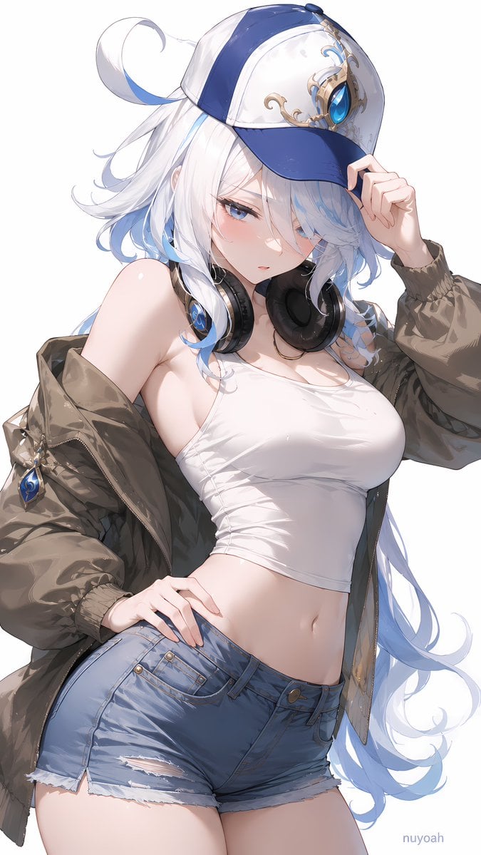 观察图片，进行二创，角色替换成[角色名]。 上半身曲线明显，腰线收窄，肩颈与手臂线条柔和，站姿形成轻微S形轮廓；短裤处下身轮廓紧凑，整体偏时装…
