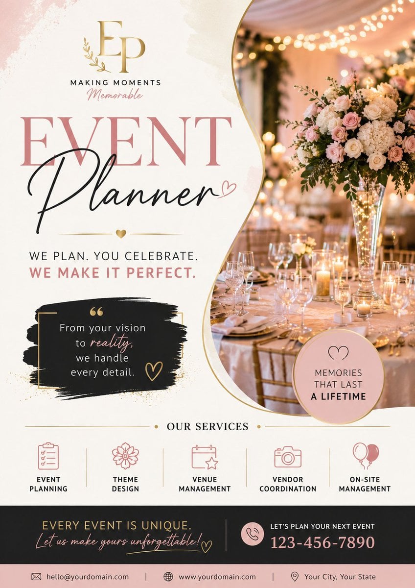 Create a high-resolution, print-ready A4/A3 portrait event planner adve…