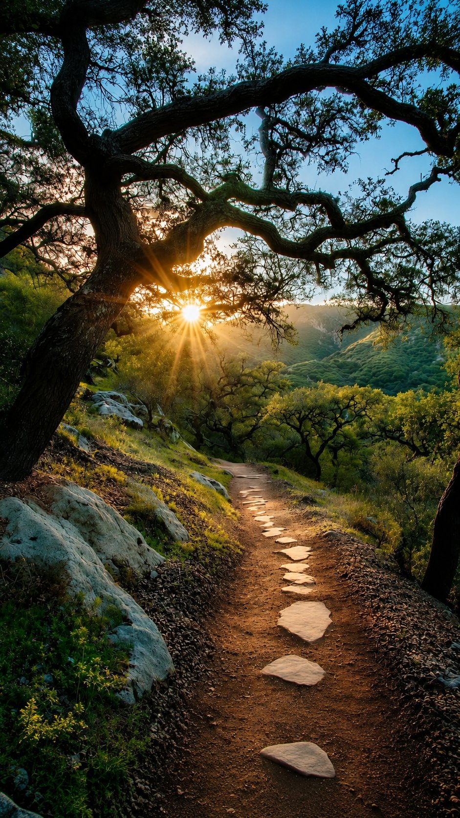 Cinematic nature photography of a winding forest trail at golden hour, …