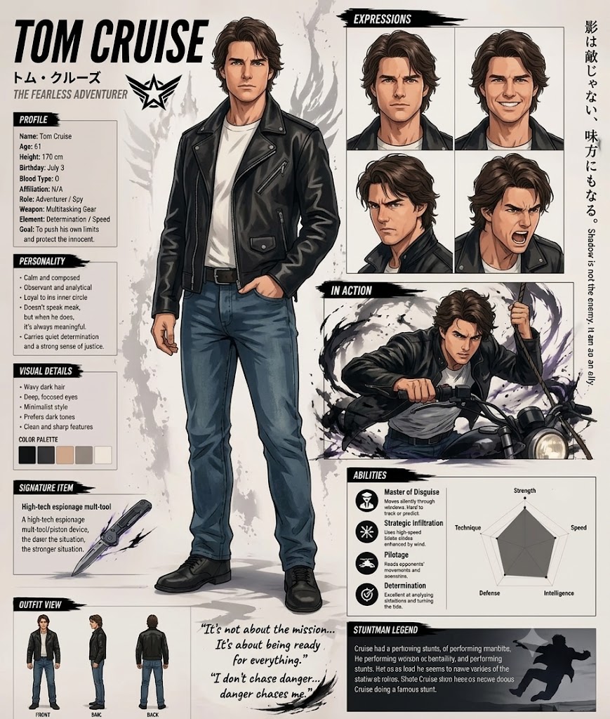 Anime-style character reference sheet of Tom Cruise on a parchment-styl…