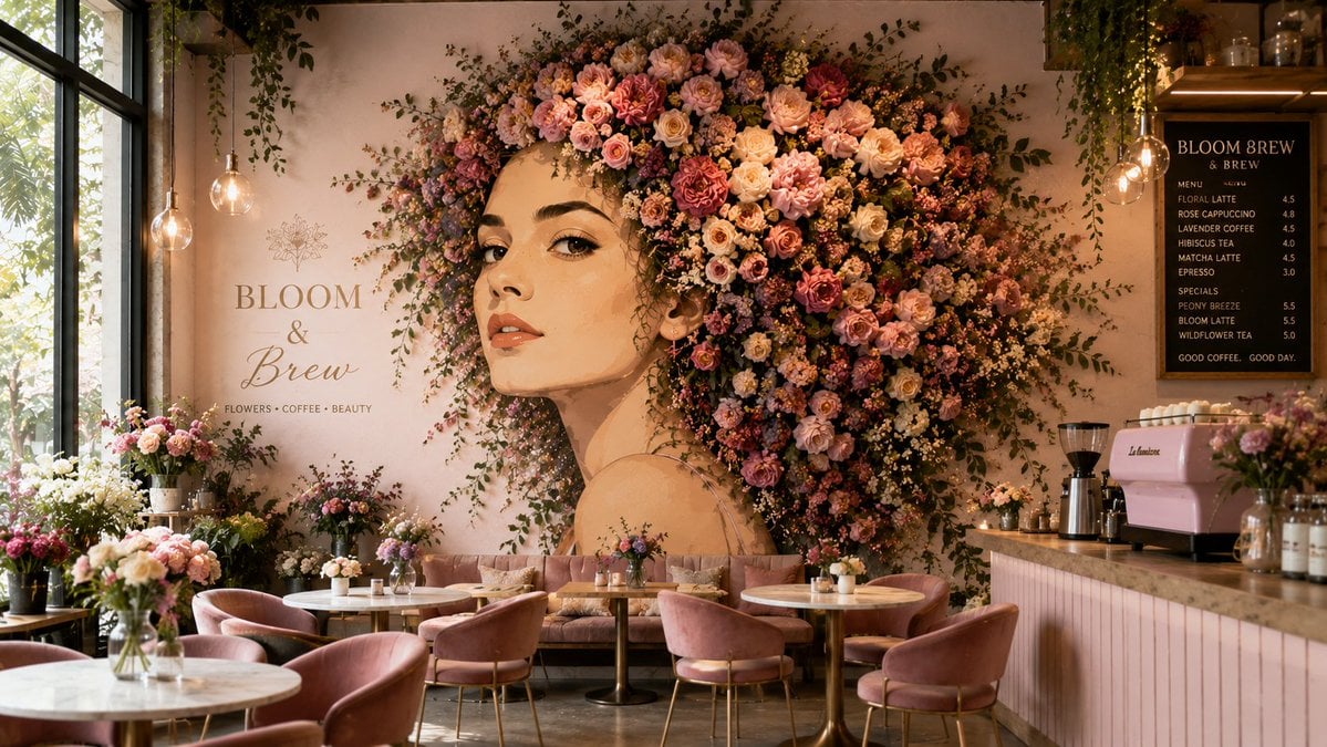 A beautifully designed [Theme] café featuring a monumental wall mural o…