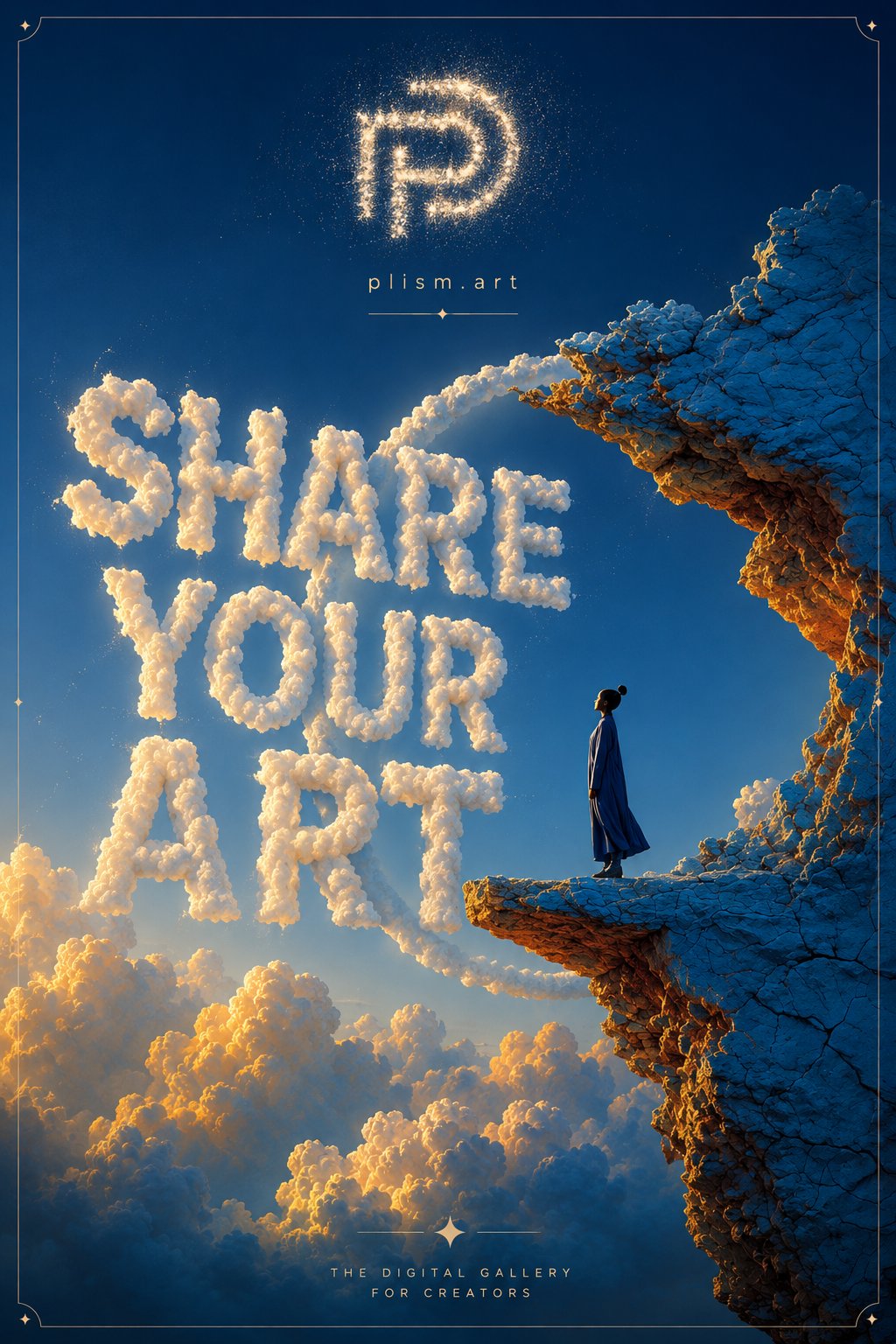 A dramatic and inspiring promotional poster for a digital art gallery, …
