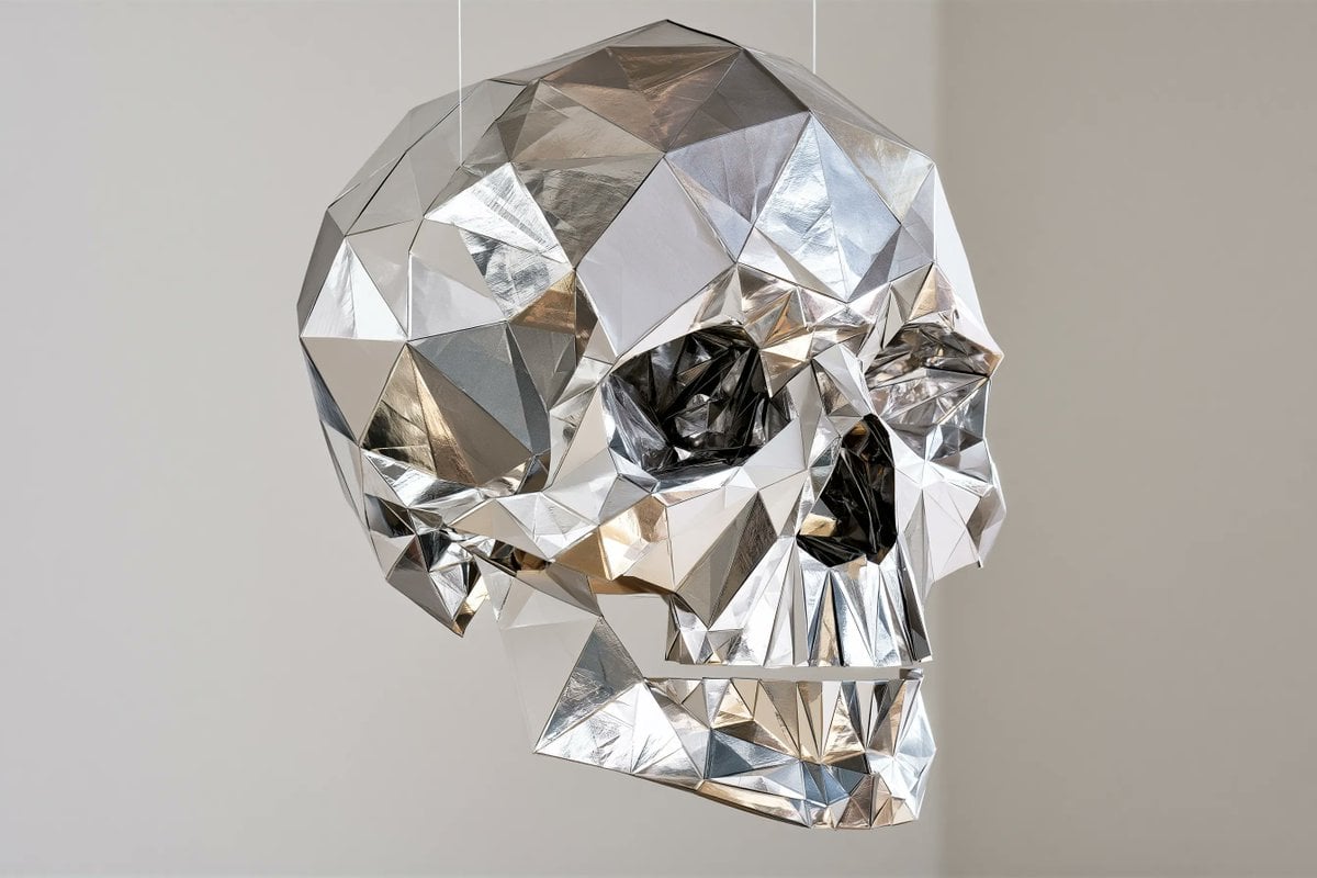 A stylized sculpture of a [Subject], entirely constructed from folded m…