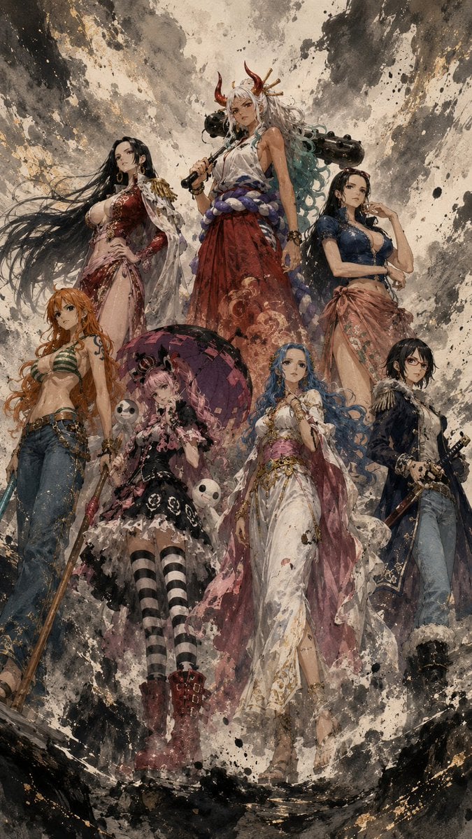 比例：9:16 风格：水墨+油画 人物：ONE PIECE中的Nami、Hancock、Robin、Perona、Yamato、VIVI、Ta…