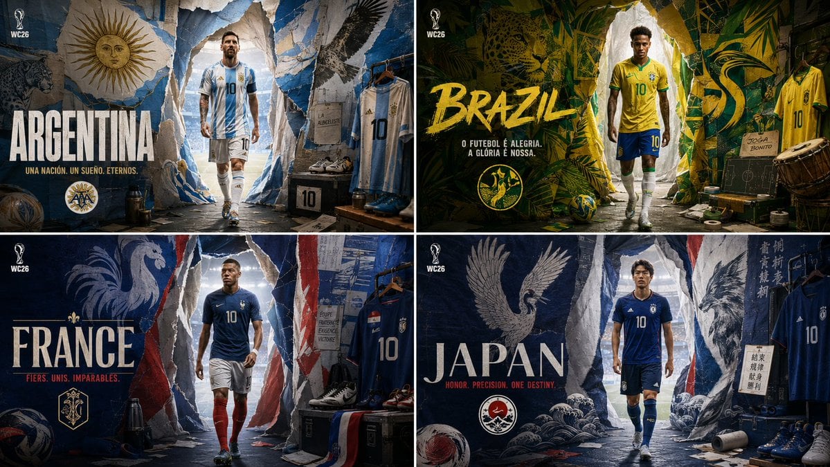 2x2 grid, do this for 4 iconic countries qualified for wc 2026, 16:9 in…