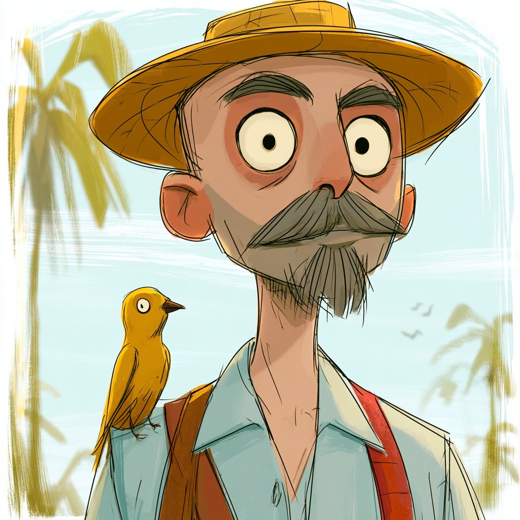 stylized character illustration of a man with a straw hat, mustache, an…