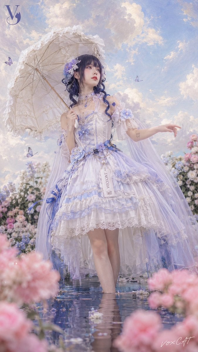 自定义角色，梦幻童话洛丽塔人像，真人写实结合柔和油画插画感，9:16 竖版，花园与浅水倒影场景，前景粉色花朵虚化，中景人物站在花丛中，背景浅蓝…