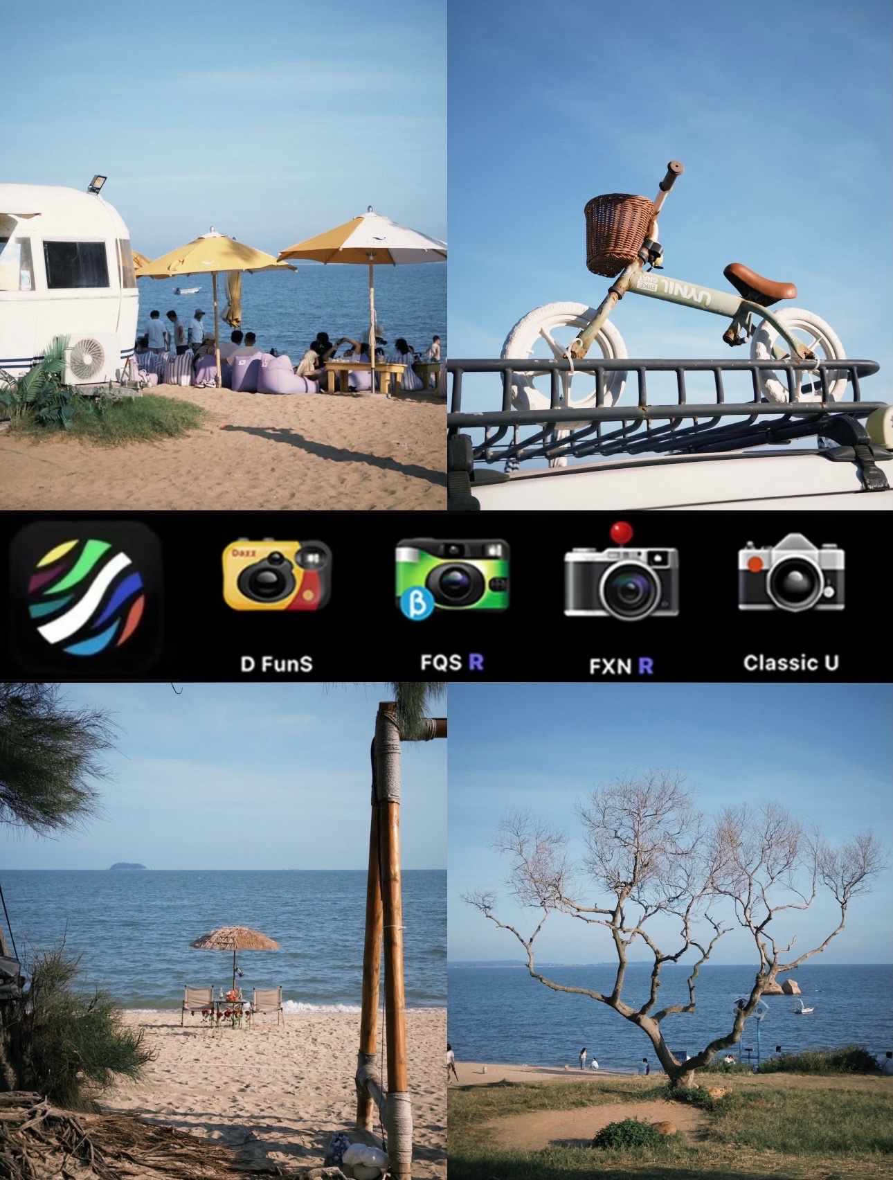 A collage of four film-style photographs depicting various beach scenes…