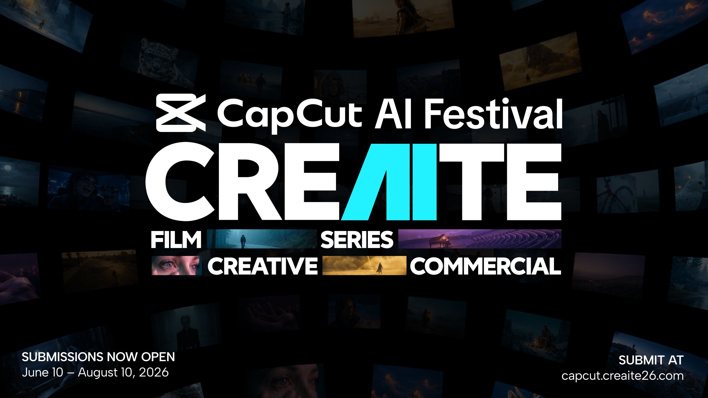 A promotional poster for 'CapCut AI Film Festival CREAITE' with a black…