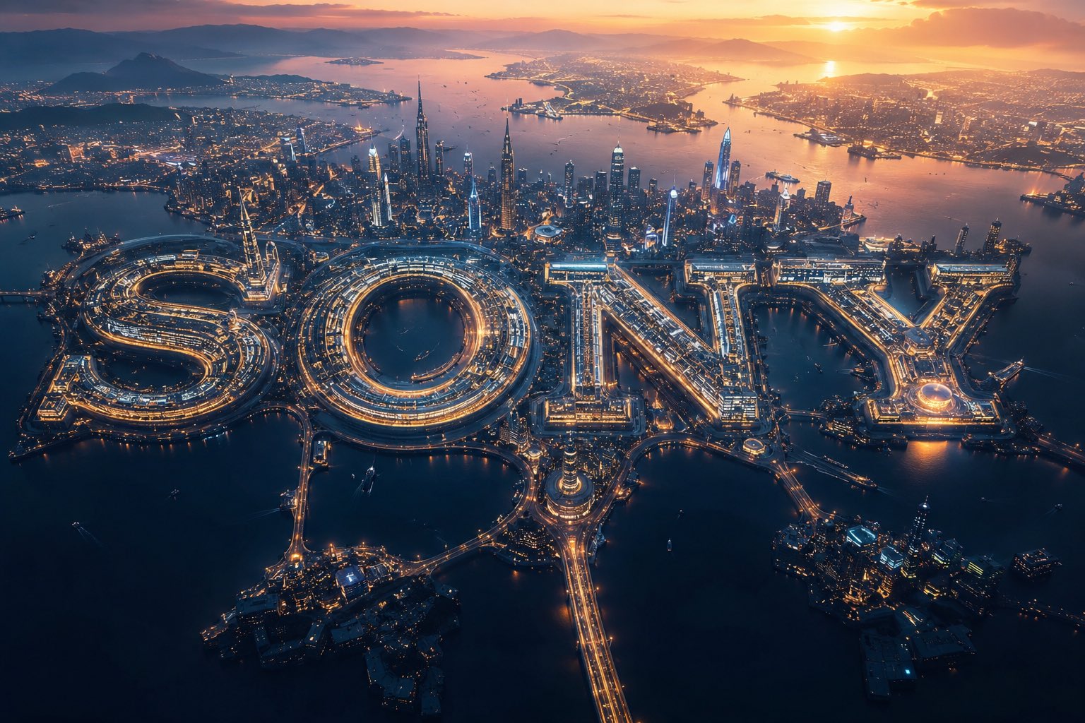 Create a cinematic futuristic aerial scene where the entire city is des… 1