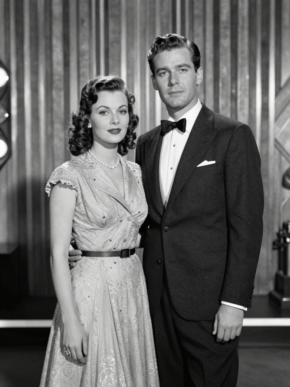 Create a 4K portrait of a thin couple dressed in classic 1940s formalwe…