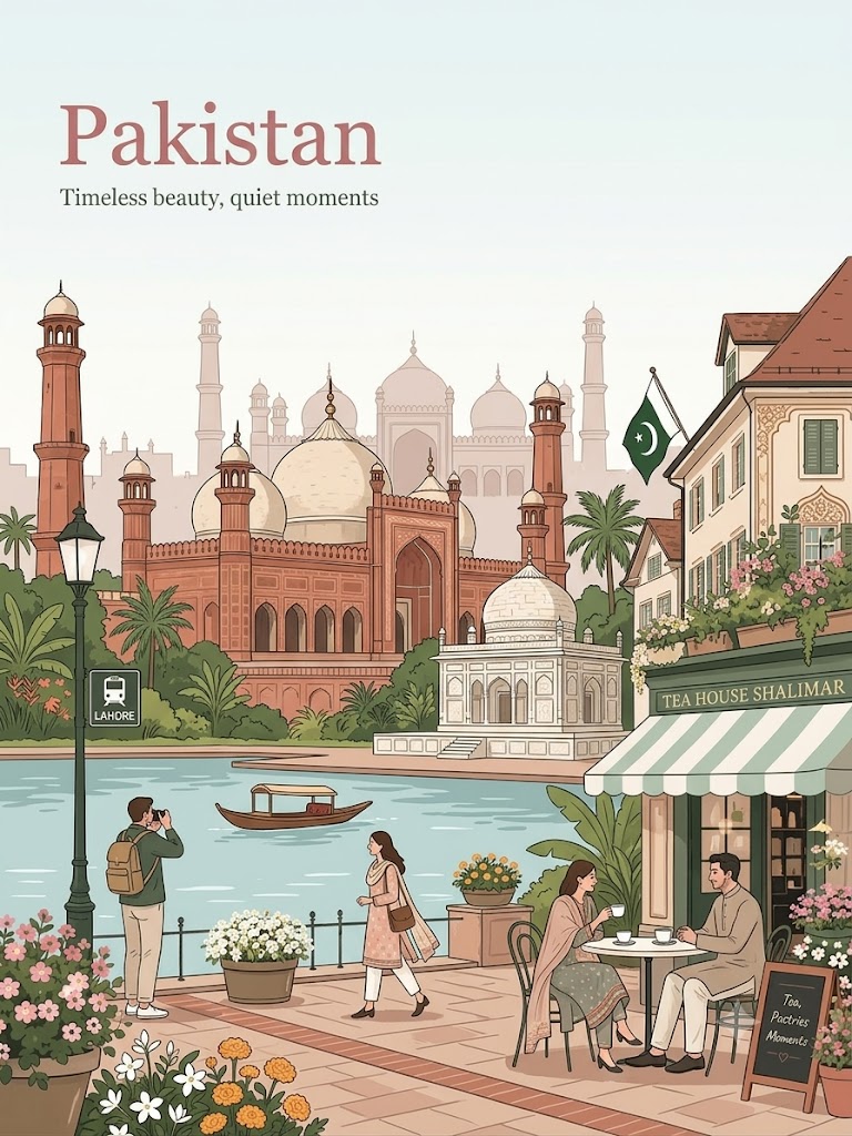 Create a vintage-inspired travel poster in a clean flat-color illustrat…