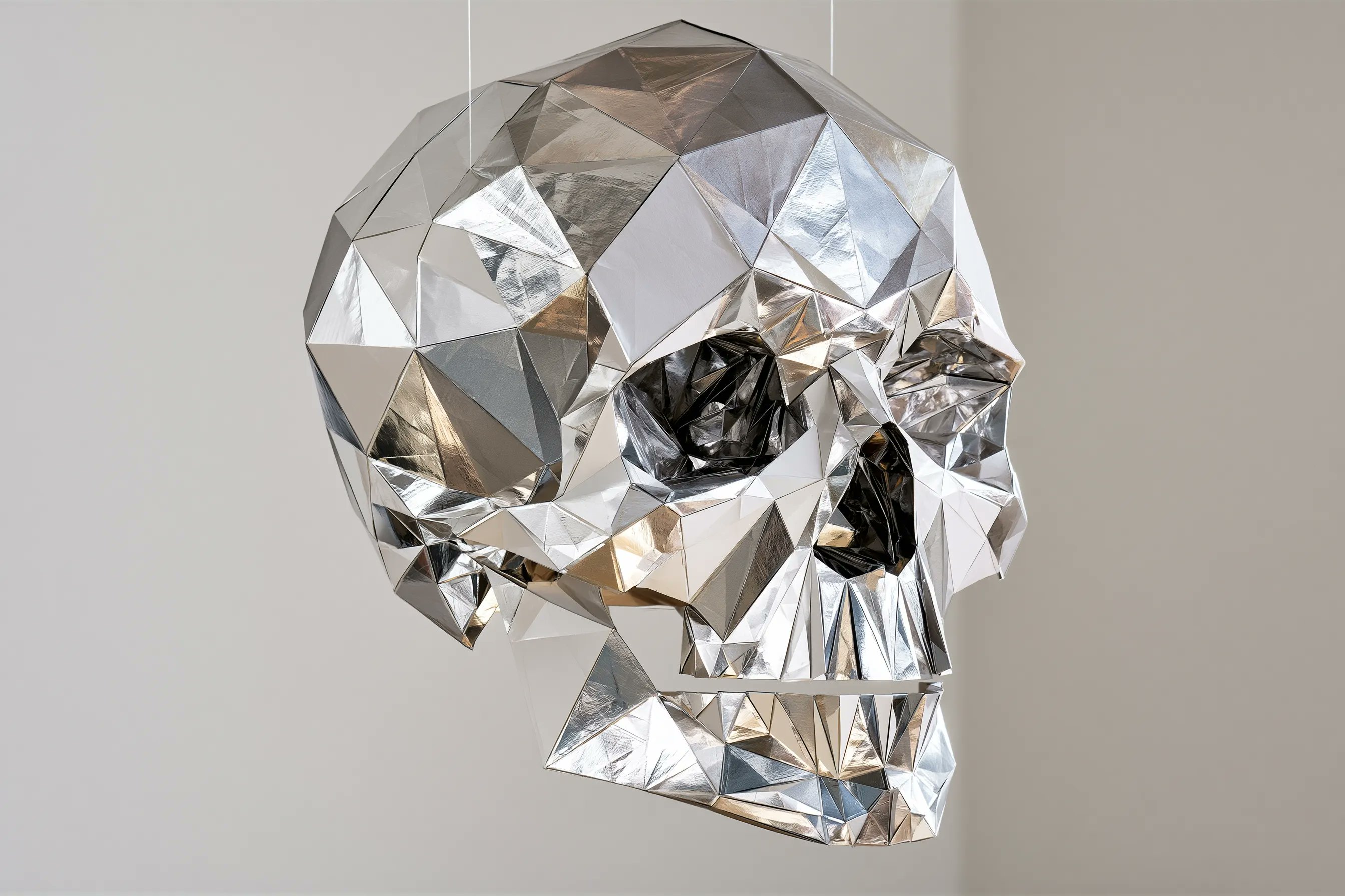 A stylized sculpture of a [subject], entirely constructed from folded m…