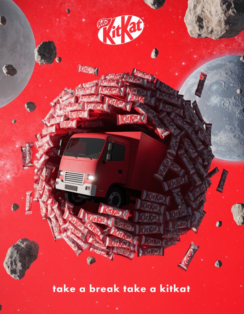 Creative 3D ad for [a kitkat big red truck lost in the space], kitkat p…