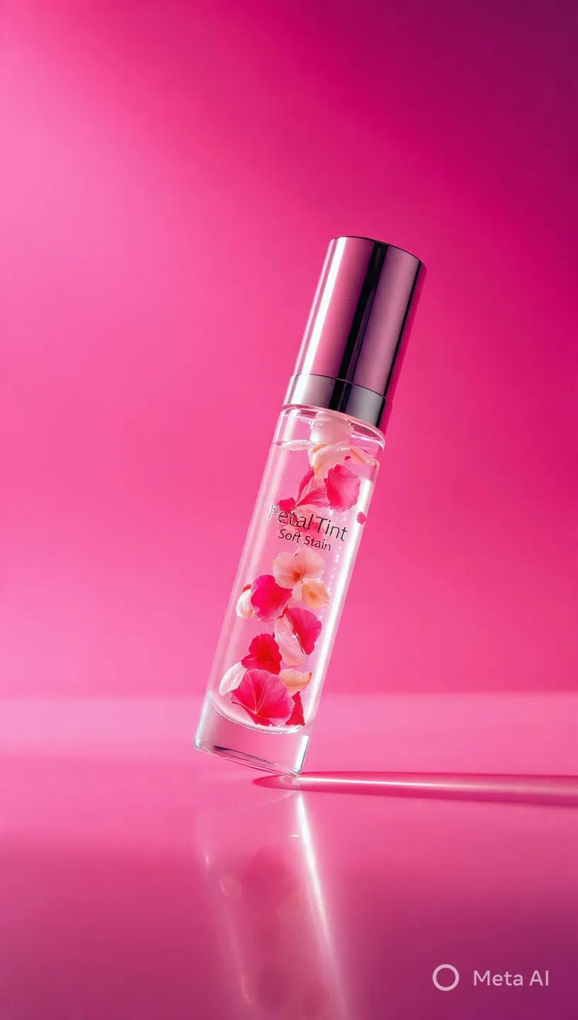 High-end commercial beauty product photography of a (floral lip tint bo…