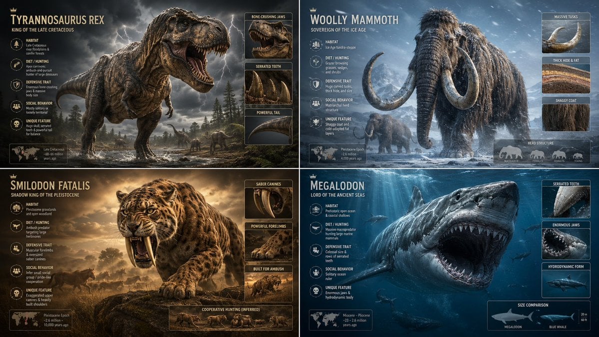2x2 grid, 16:9, do this for majestic extinct animals input ::= [Extinct…