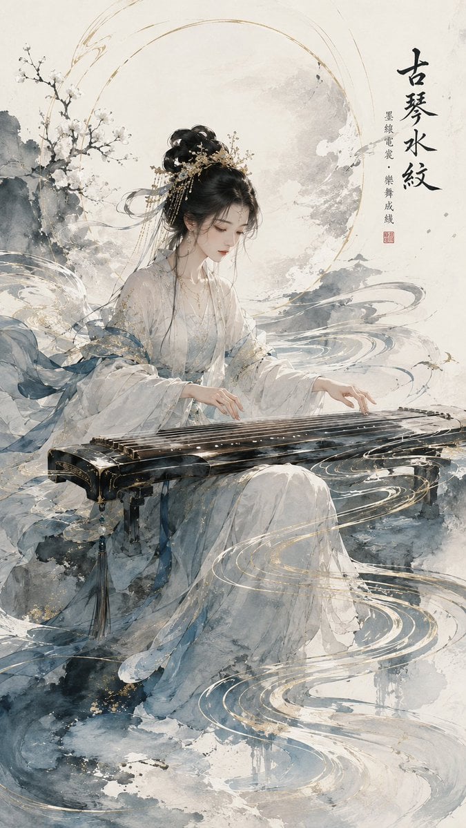 请生成一张 9:16 竖版、原创高级东方音乐视觉海报。 主题乐器：[古琴 / 琵琶 / 竹笛 / 箜篌 / 古筝 / 编钟 / 二胡] 主题方…
