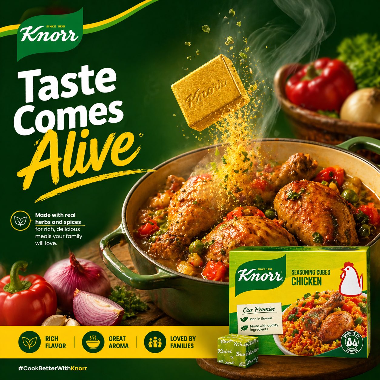 Create a high-quality food advertisement for Knorr seasoning cubes. Use…