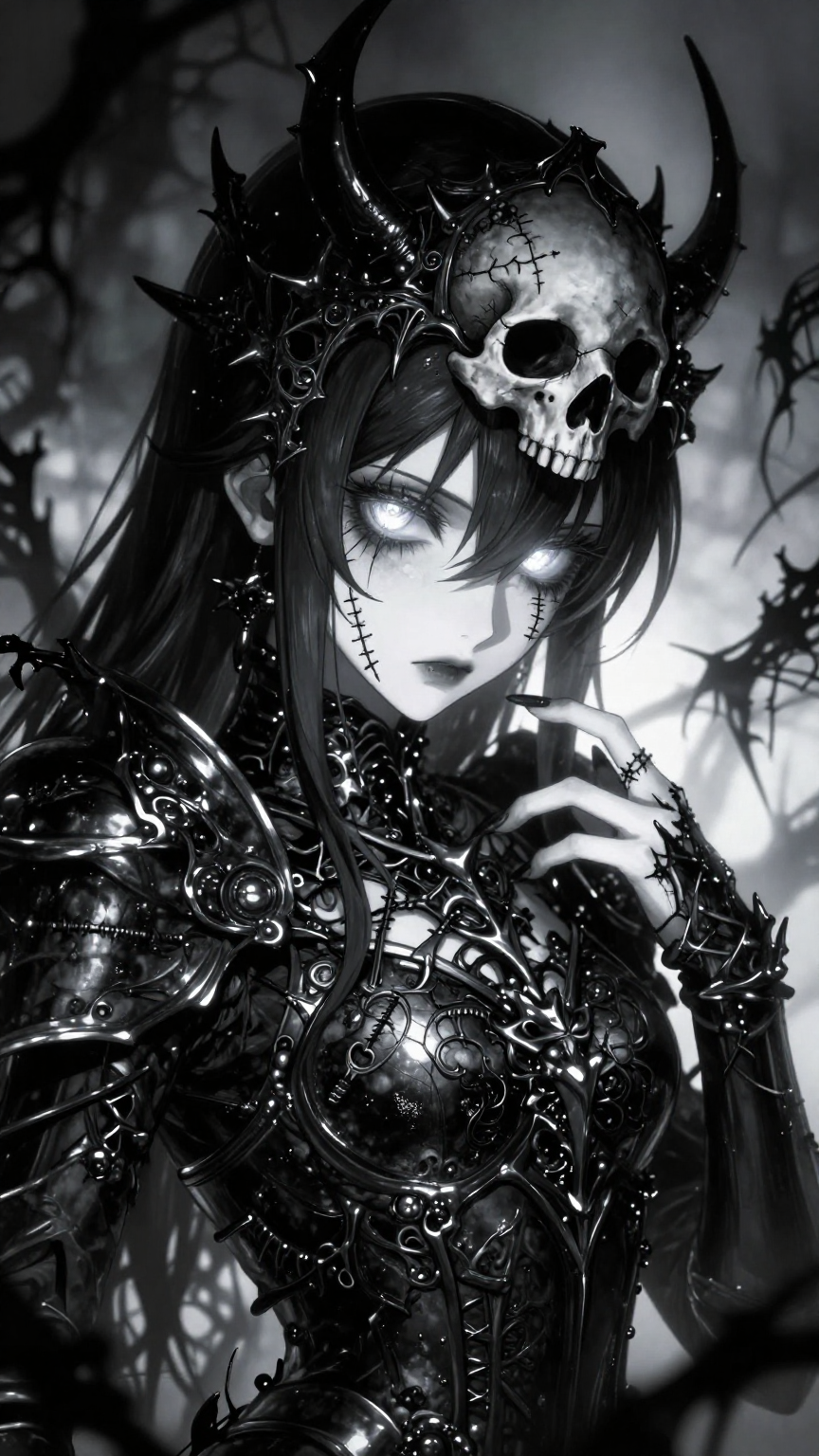 A dark, gothic anime-style character with a porcelain-white complexion …