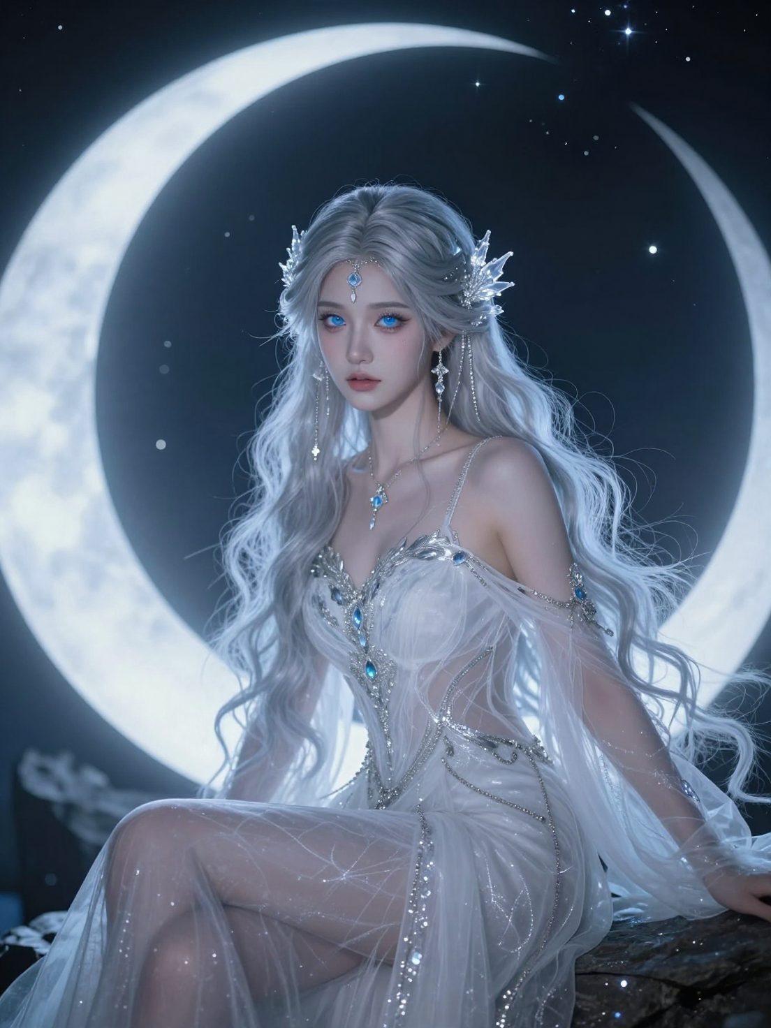 hyperrealistic portrait of ethereal ice goddess, long silver wavy hair …