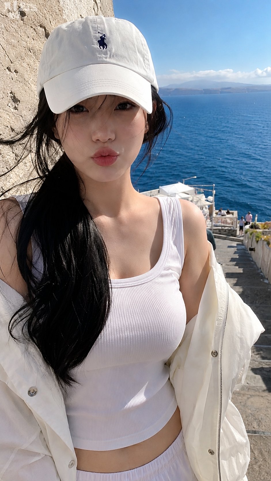 A real vertical smartphone travel snapshot of a young adult woman in he… 3