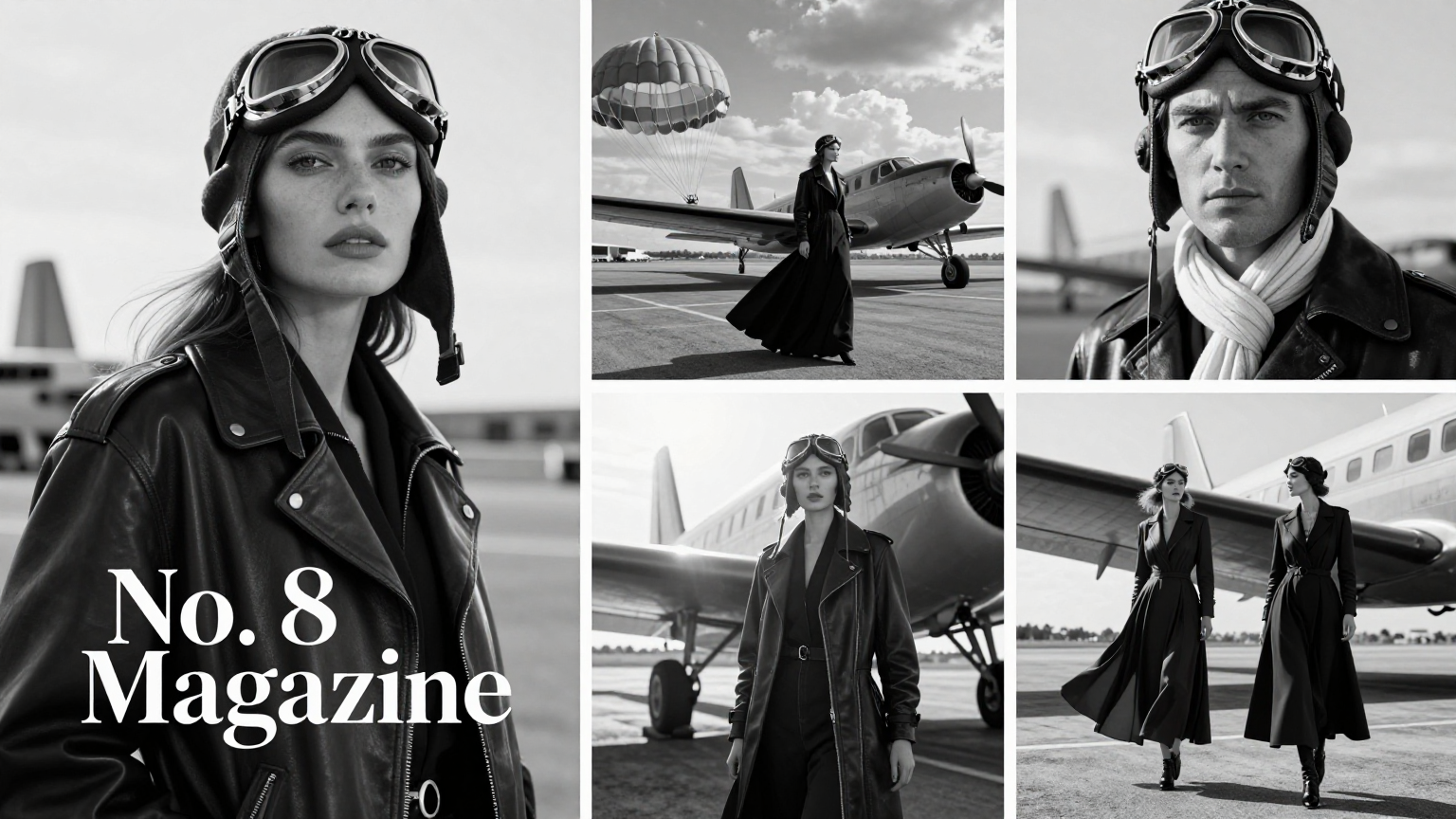 Create a wide panoramic black-and-white luxury fashion editorial collag…