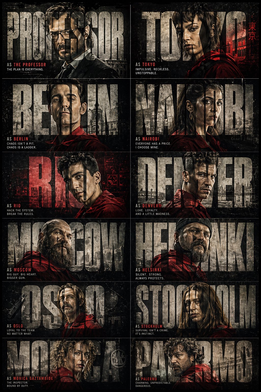 A cinematic poster of Prison Break featuring a 2x6 grid of 12 character…