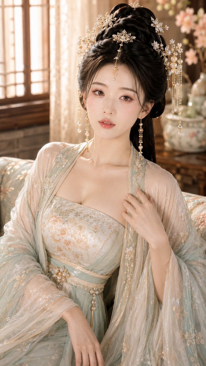 主题风格：古风贵女高级水光写真 身份气质：高门贵女，温柔、清贵、富养、娴静 妆感目标：奶杏琥珀高光水光妆 服装级别：清贵精致 场景方向：花窗边…