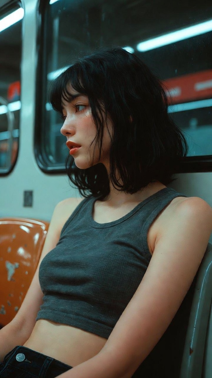 A photorealistic editorial portrait of a 20-year-old Japanese or Korean…