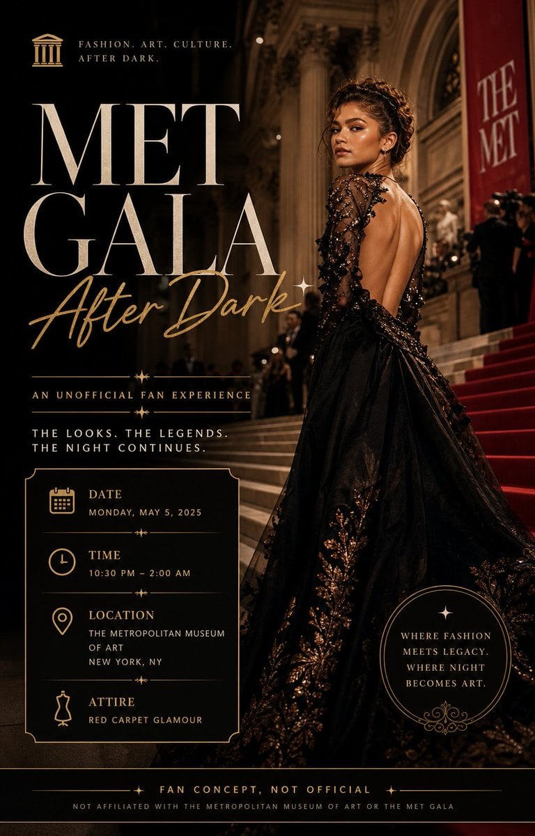 Create a luxury event poster for an unofficial "Met Gala After Dark" co…