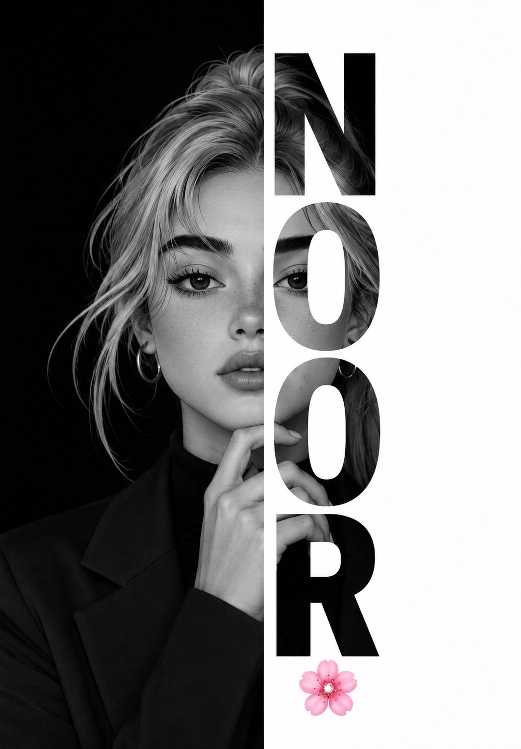 A sophisticated black-and-white editorial poster that blends minimalist…