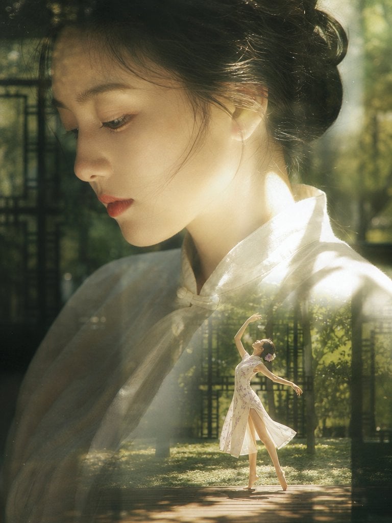 真人摄影、真实人物、梦幻电影感双重曝光人像，竖向画幅，低对比胶片柔焦与玻璃反射叠影。画面主视觉是巨大年轻女性侧脸肖像，占据左上到中部约60%，…