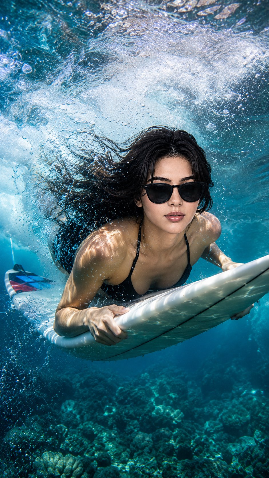 Ultra-realistic IMAX-level Netflix-style cinematic underwater surf acti…