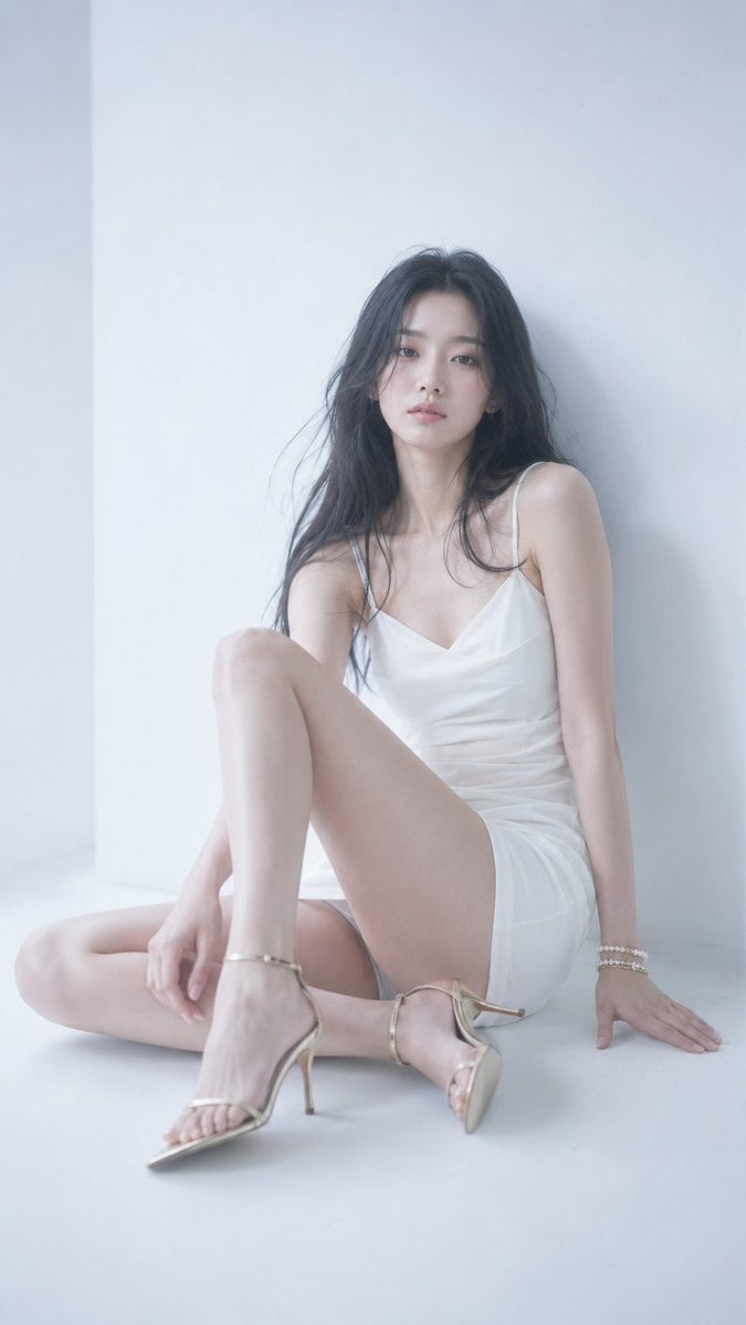 9:16, cold emotional fashion portrait, a quiet moment inside a white ph…