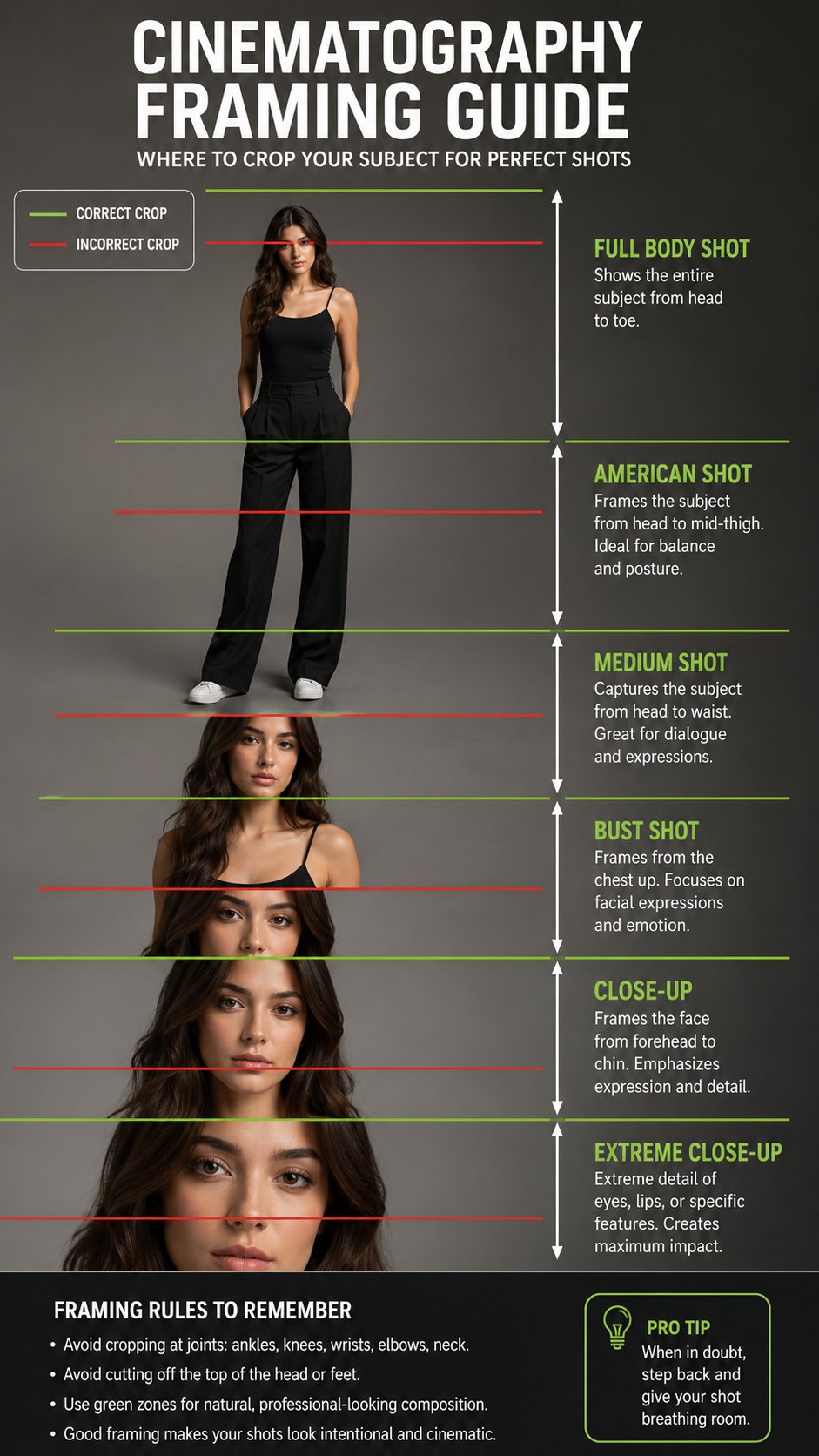 Create a professional educational cinematography framing guide featurin…