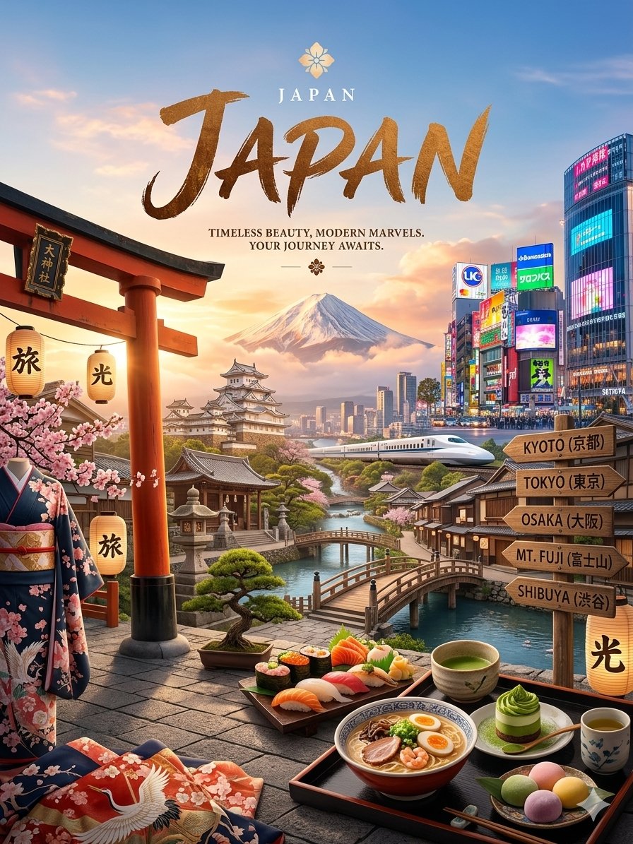 A richly layered panoramic travel poster of **Japan** during golden hou…