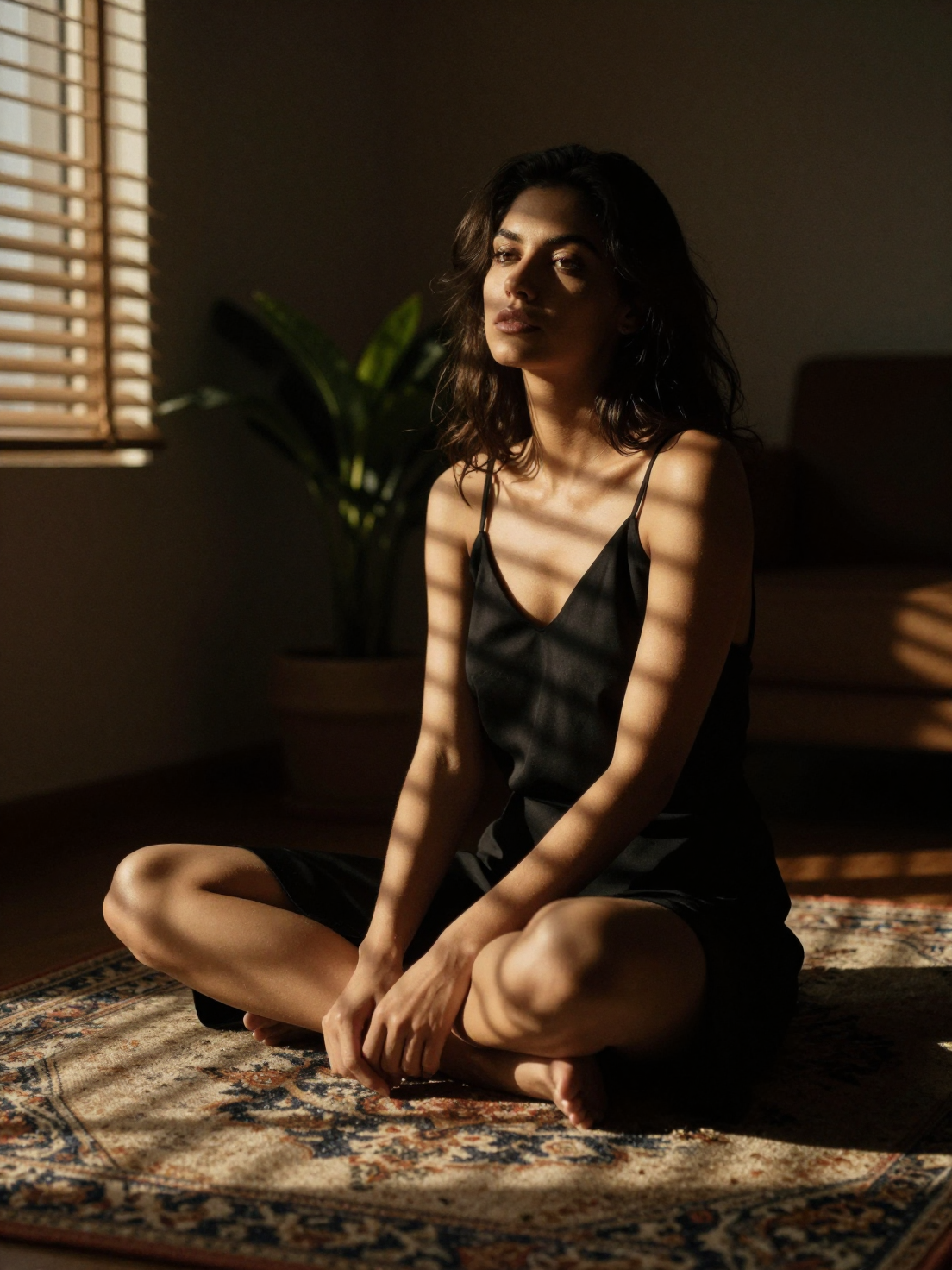 A woman sits cross-legged on a patterned rug within a dimly lit interio…