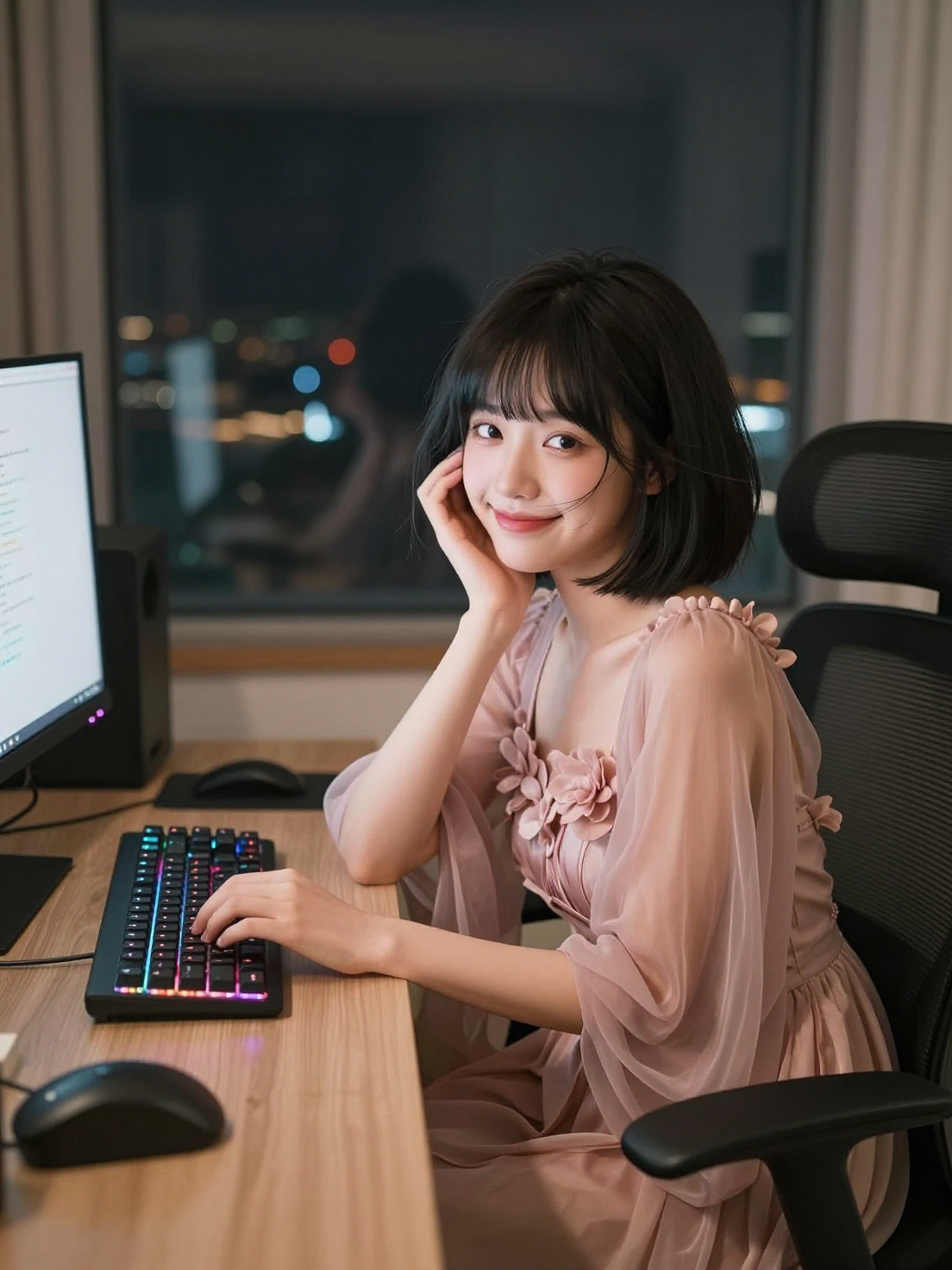 A young East Asian woman with a short black bob haircut and wispy bangs…