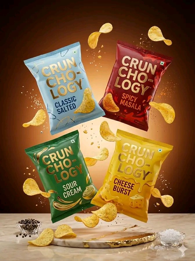 A professional commercial product photography layout for a potato chips…