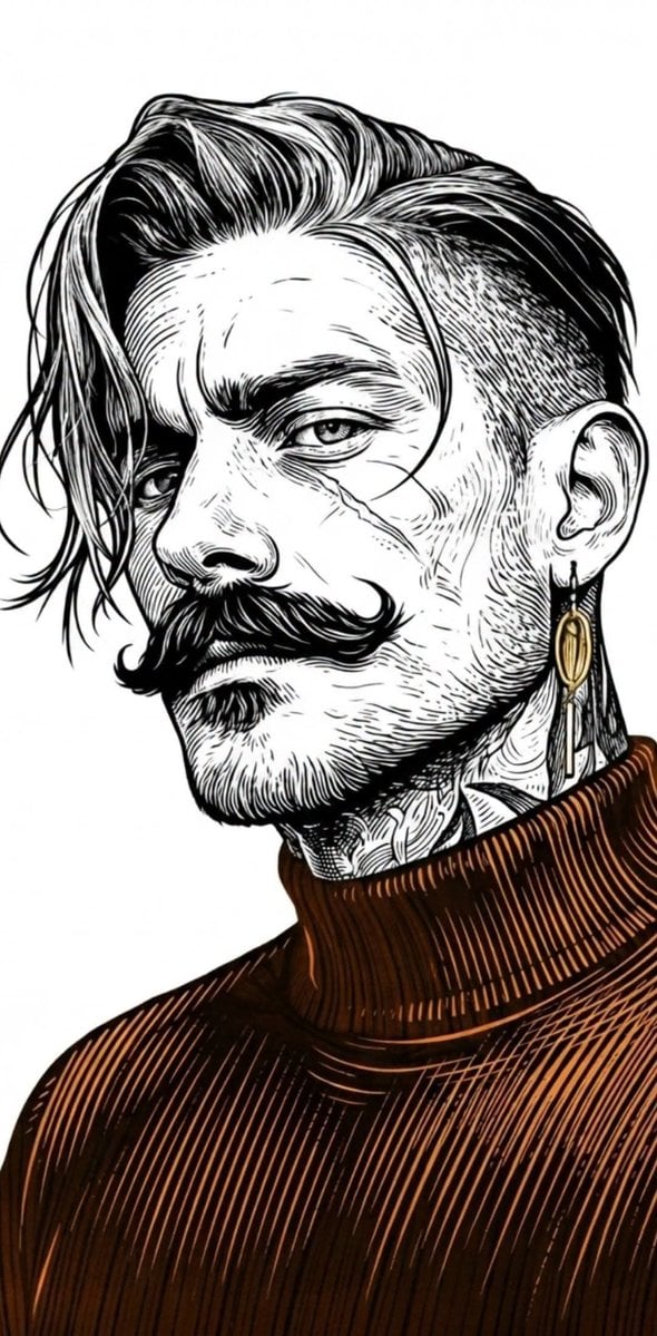 A highly detailed black-and-white engraved line art style portrait of t…