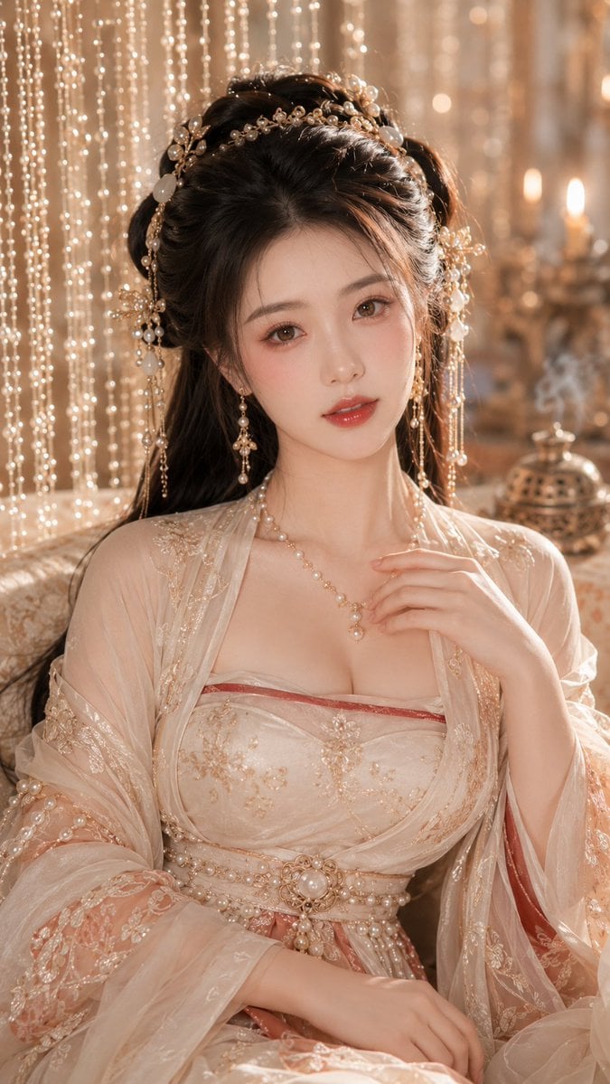 9:16 竖版，古风贵女高级水光美妆写真，唐风闺阁贵女人像，大半身近景，正面微侧构图，人物坐在华丽软榻或闺阁座椅上，脸部与上半身占画面主体，镜…