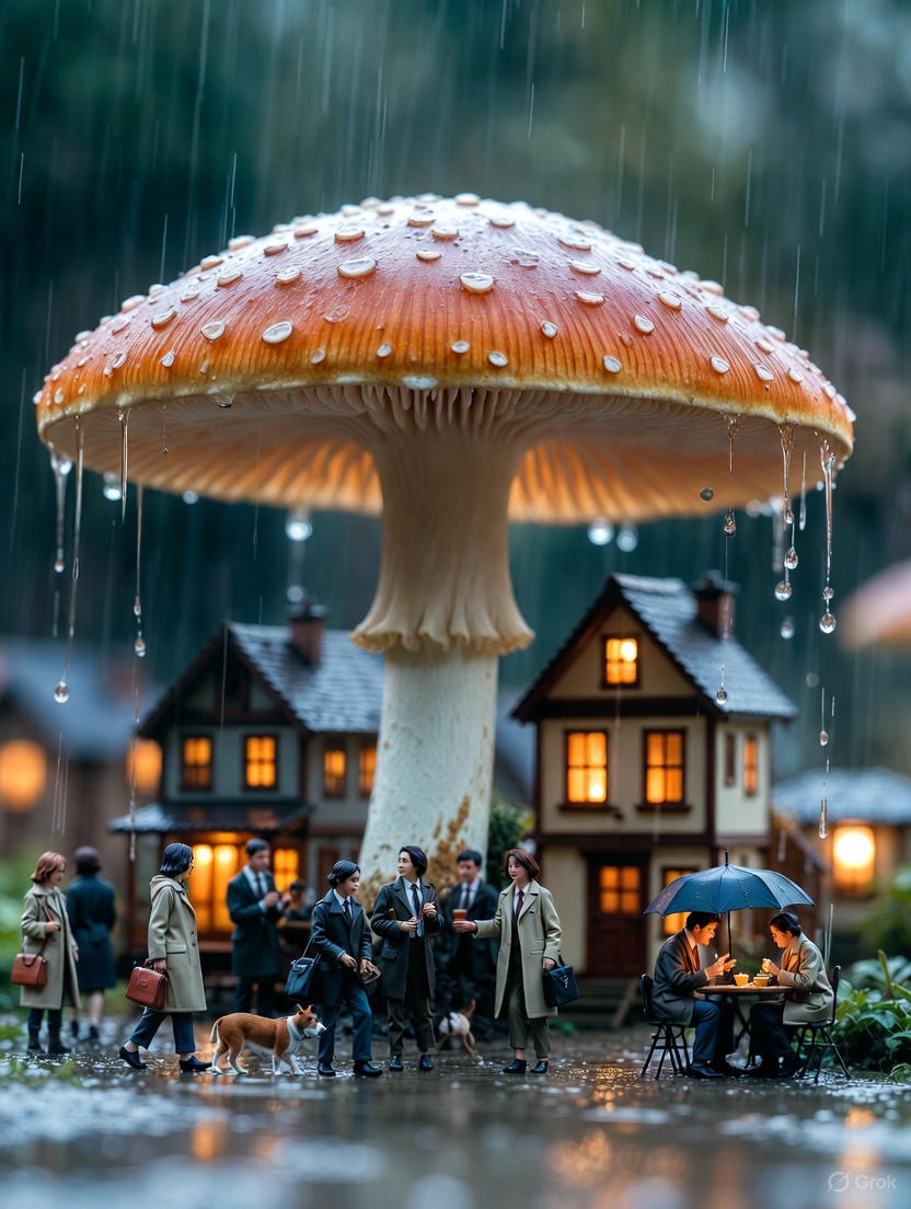 { "subject": { "main_focus": "A giant Amanita muscaria mushroom used as…